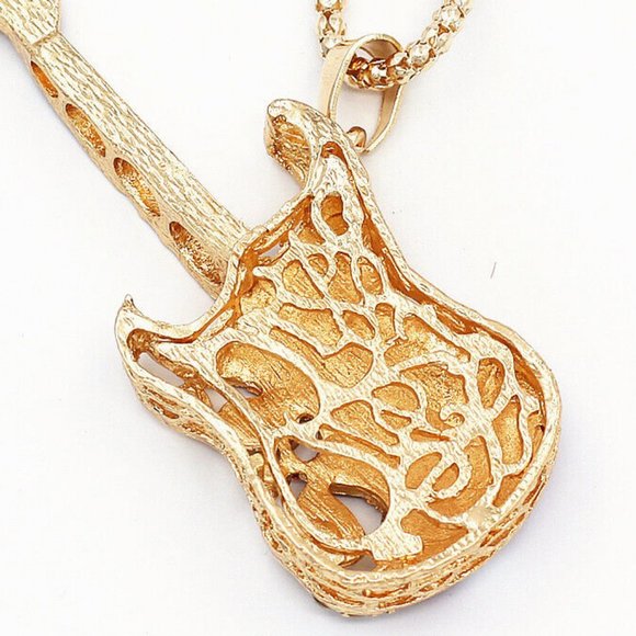 Music Lovers! Electric GUITAR Red & White Enamel & Rhinestone Pendant Necklace - Picture 7 of 8